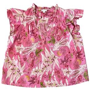 Jennifer & Grace Medium Floral Flutter Sleeve Ruffle Split Neck Blouse Cotton